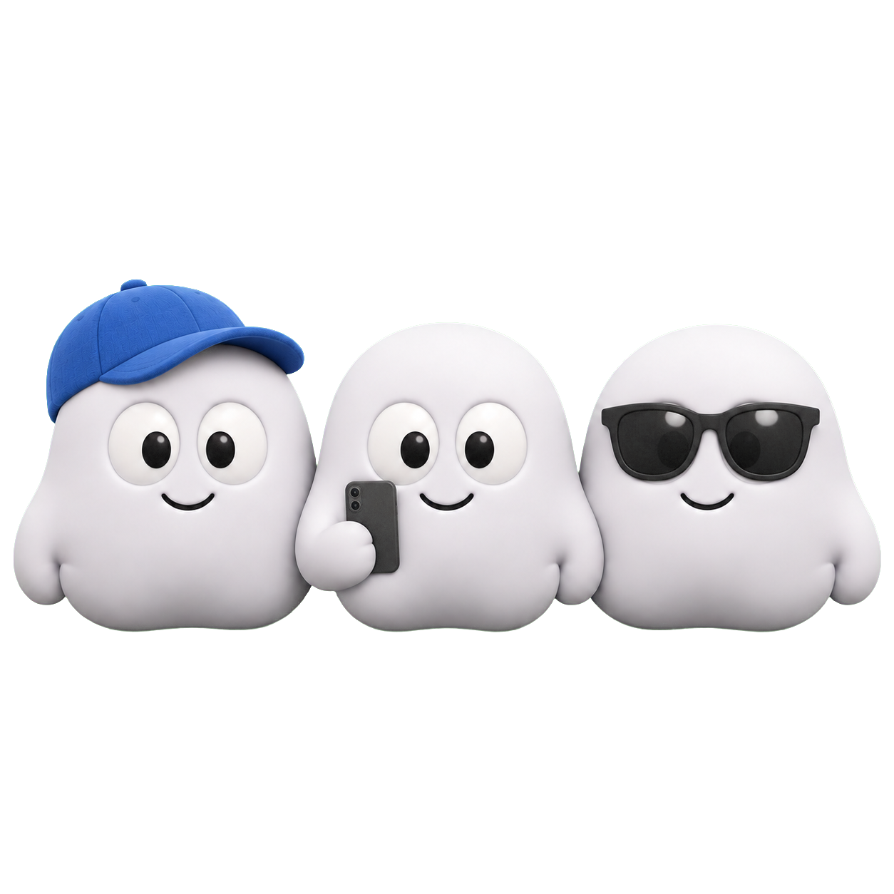 Three friendly Doomate mascots together
